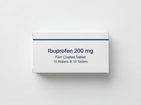 Ibuprofen 200 mg film coated tablet medicine box pack for healthcare and pharmacy concept