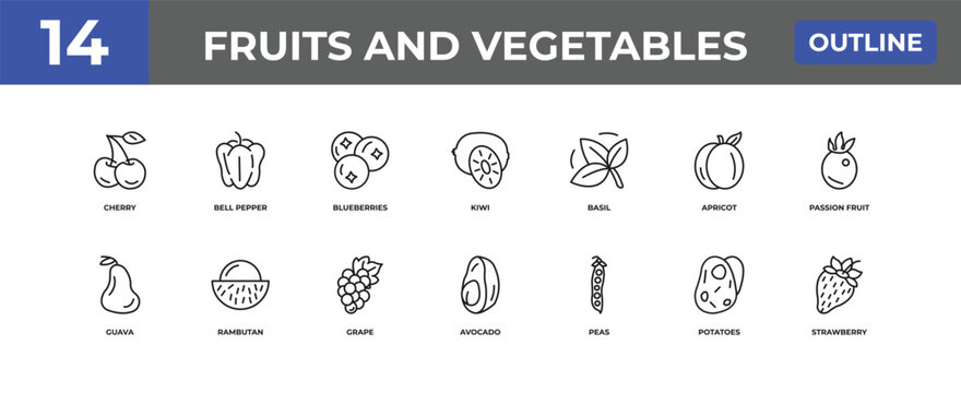 outline fruits and vegetables icons set - cherry, bell pepper, potatoes. editable vector for web and mobile ui