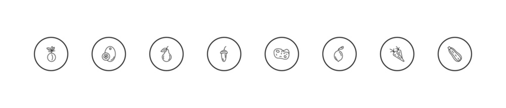 outline fruits and vegetables icons set - pear, acorn, potato. editable vector for web and mobile ui