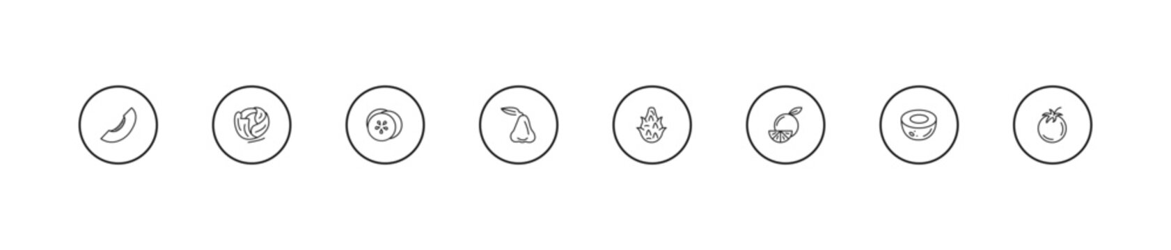 outline fruits and vegetables icons set - cucumber, rose, dragon fruit. editable vector for web and mobile ui