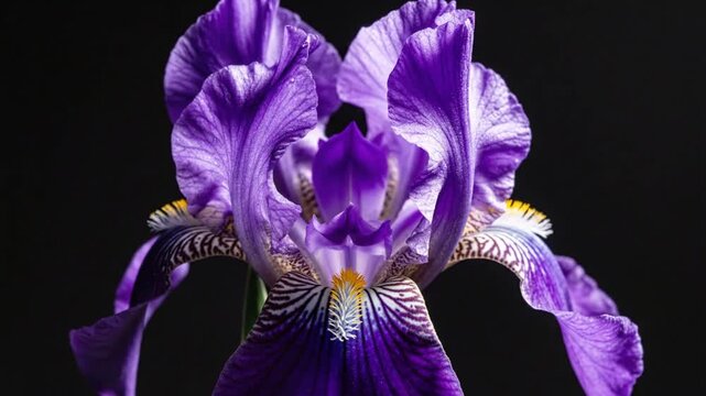 Purple iris flower blooming on black background, elegant violet iris petals with yellow details, macro floral time lapse of spring blossom