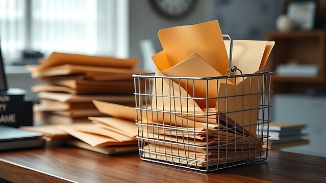 Overflowing wire inbox with unopened manila folders on a wooden desk.