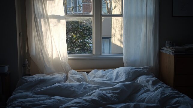 Sunlit bedroom with unmade bed and sheer curtains
