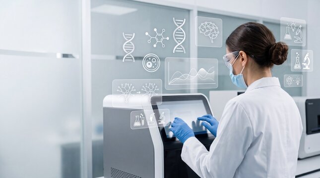 Female scientist in white coat using futuristic holographic interface with DNA and brain icons, modern biotechnology laboratory concept, digital innovation in medical research and