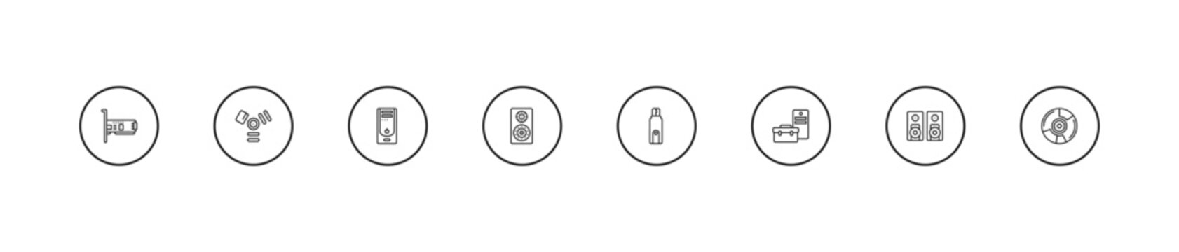 outline hardware icons set - system unit, loudspeakers, flash card. editable vector for web and mobile ui