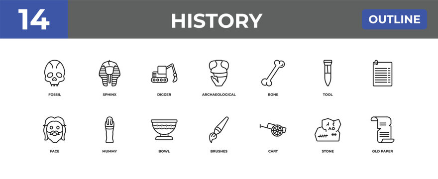 outline history icons set - fossil, sphinx, stone. editable vector for web and mobile ui