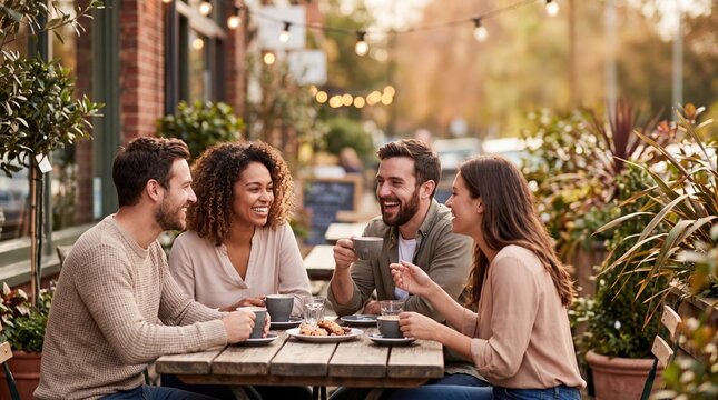 Group of diverse friends laughing and drinking coffee at outdoor cafe terrace, enjoying social gathering and conversation, happy lifestyle and friendship connection concept