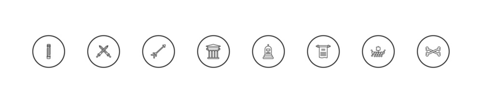 outline history icons set - arrow, museum, tomb. editable vector for web and mobile ui