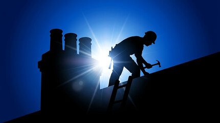 Fototapeta premium Silhouette of a professional roofer or construction worker repairing a house roof with a hammer against a bright sun and blue sky.