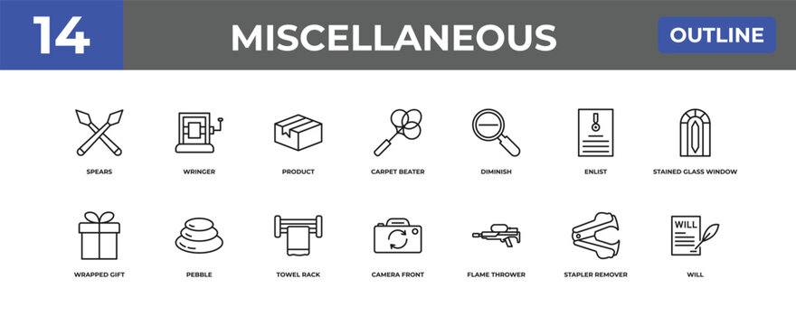 outline miscellaneous icons set - spears, wringer, stapler remover. editable vector for web and mobile ui