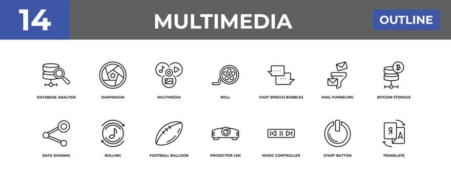 outline multimedia icons set - database analysis, diaphragm, start button. editable vector for web and mobile ui