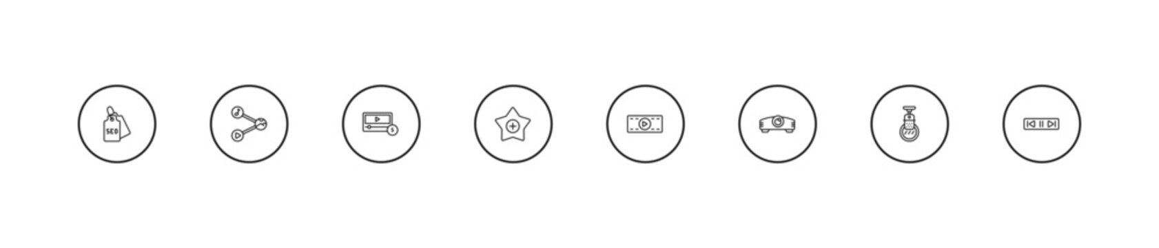 outline multimedia icons set - paid, favorites, movie clip button. editable vector for web and mobile ui