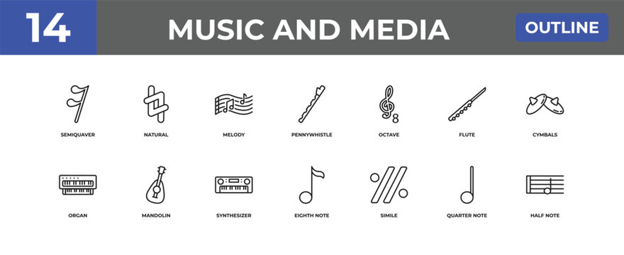 outline music and media icons set - semiquaver, natural, quarter note. editable vector for web and mobile ui