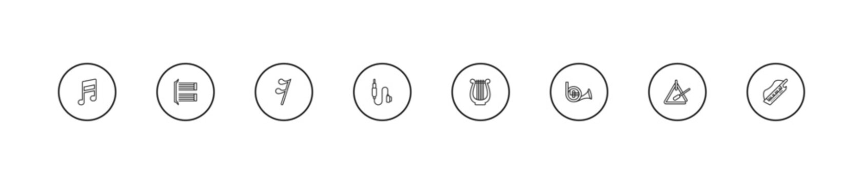 outline music and media icons set - semiquaver, jack connector, harp. editable vector for web and mobile ui