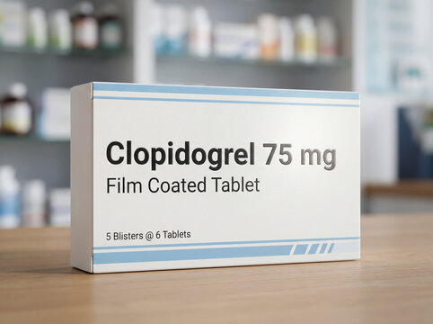 Box of Clopidogrel 75 mg film coated tablets on a pharmacy wooden counter