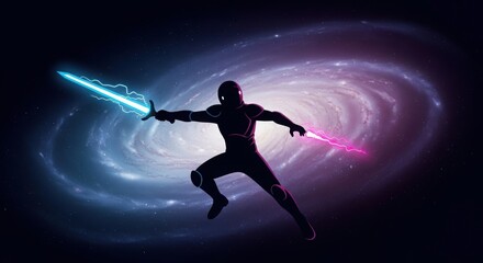 Obraz premium Silhouette of a person wielding dual glowing swords in space