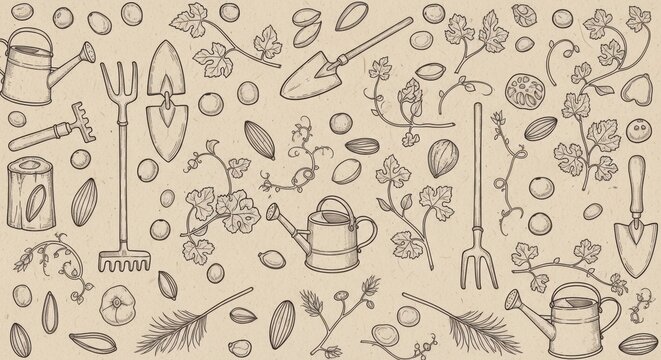 seamless gardening tools and plant illustration pattern