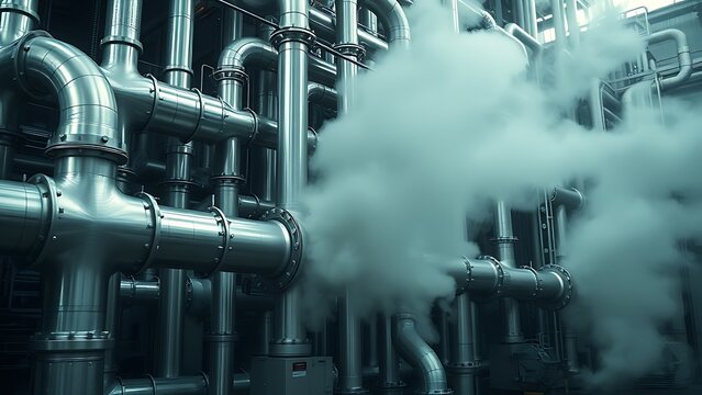 Massive silver pipe network in an industrial plant partially obscured by steam.