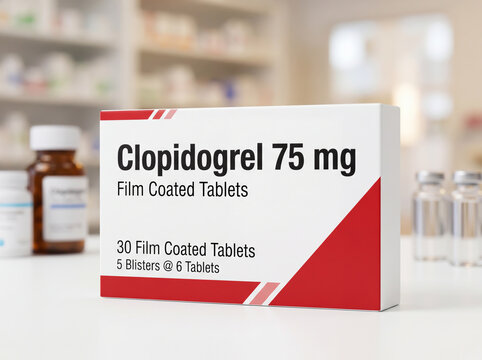 Box of Clopidogrel 75 mg film coated tablets on a pharmacy wooden counter