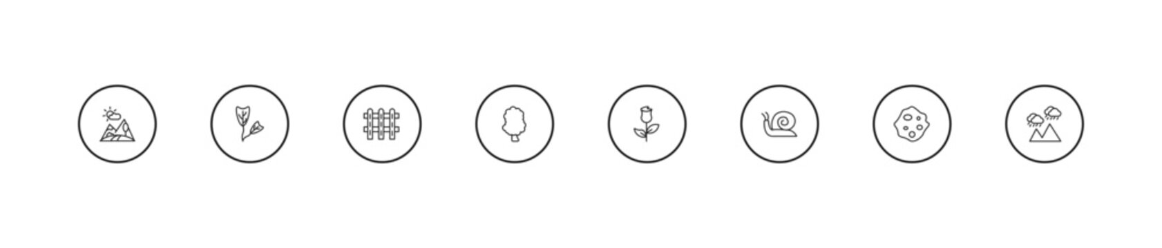 outline nature icons set - picket fence, sassafras tree, roses. editable vector for web and mobile ui