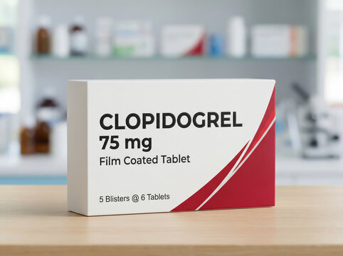 Box of Clopidogrel 75 mg film coated tablets on a pharmacy wooden counter