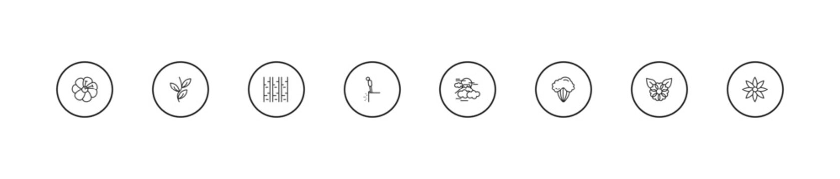 outline nature icons set - paper birch tree, cliff, sun fuji mountain. editable vector for web and mobile ui