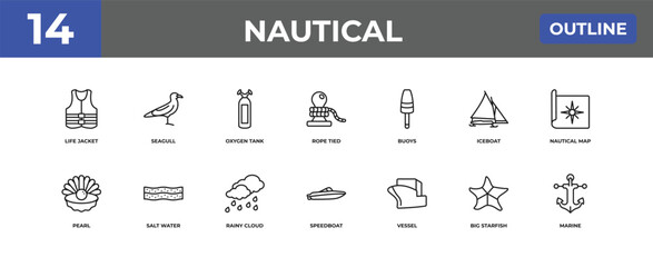 outline nautical icons set - life jacket, seagull, big starfish. editable vector for web and mobile ui © IconArt