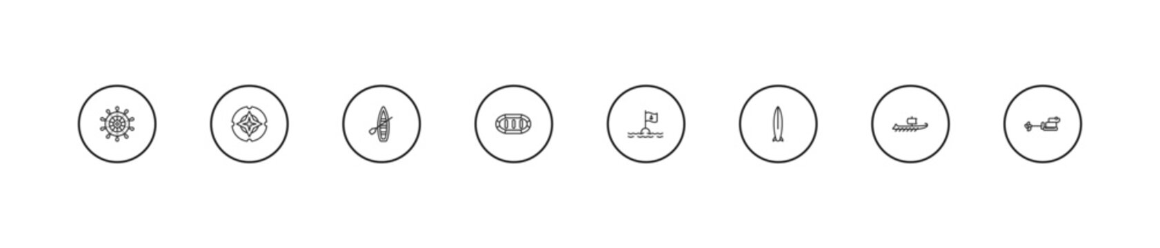 outline nautical icons set - skiff, rubber raft, sea flag. editable vector for web and mobile ui