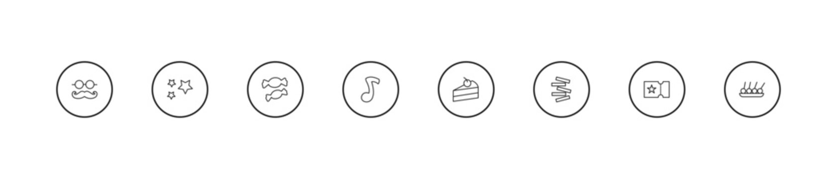 outline party icons set - two candies, big quaver, slice of cake. editable vector for web and mobile ui