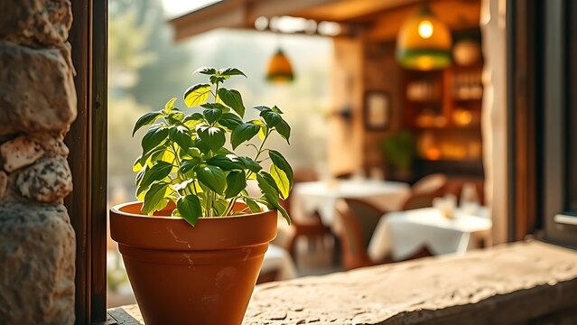 A terracotta pot with a thriving basil plant on a sunlit stone windowsill overlooking a cozy trattoria.