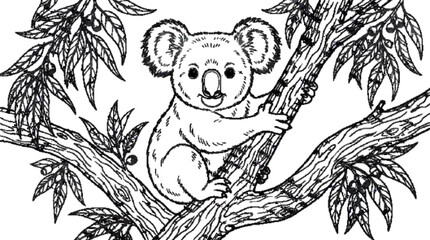 koala sitting on tree branch with leaves detailed, coloring page outline drawing   © MDRAHMET