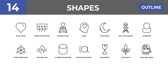outline shapes icons set - black heart, windshield defrost, fleur de lis. editable vector for web and mobile ui © IconArt