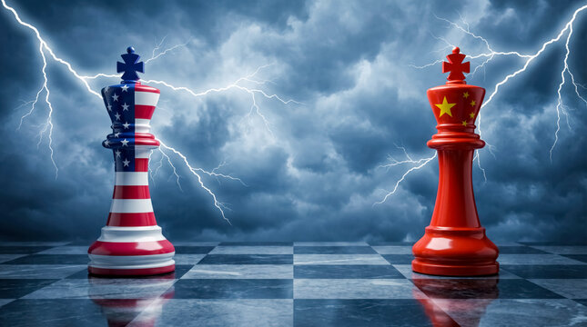 USA and China geopolitical rivalry concept with chess king pieces, lightning storm and strategic confrontation background. 