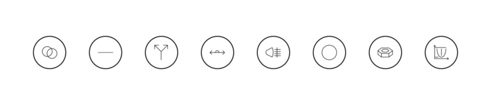outline shapes icons set - y shaped intersection, 180 degrees angle, fog light. editable vector for web and mobile ui