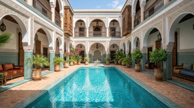 Luxury Traditional Moroccan Riad Courtyard featuring a Turquoise Swimming Pool and Ornate Islamic Architectural Details in Marrakech
