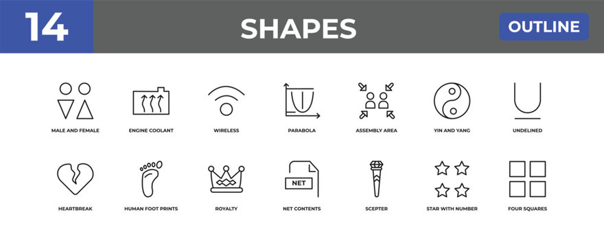 outline shapes icons set - male and female, engine coolant, star with number four. editable vector for web and mobile ui