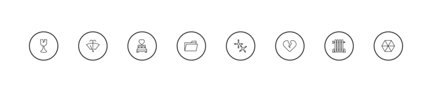 outline shapes icons set - wedding night, open folder, two snow flakes. editable vector for web and mobile ui