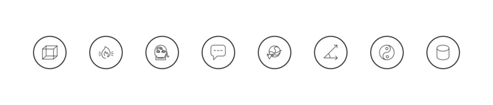 outline shapes icons set - skull and snake, oval speech bubble, moon and broom. editable vector for web and mobile ui