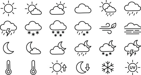 Obraz premium weather forecast icons collection with sun cloud rain snow and moon symbols on transparent background