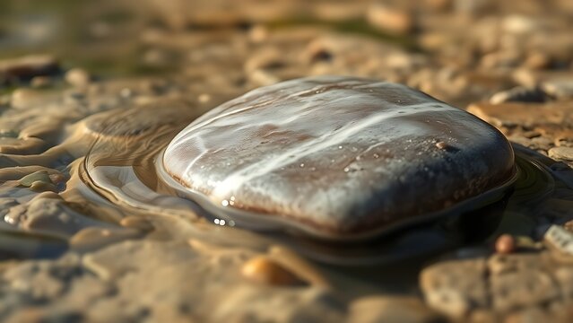 A polished soapstone rock in a clear stream with water flowing over it.