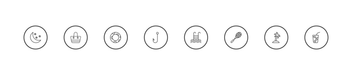 outline summer icons set - rubber ring, fish and hook, swimming pool ladder. editable vector for web and mobile ui © IconArt