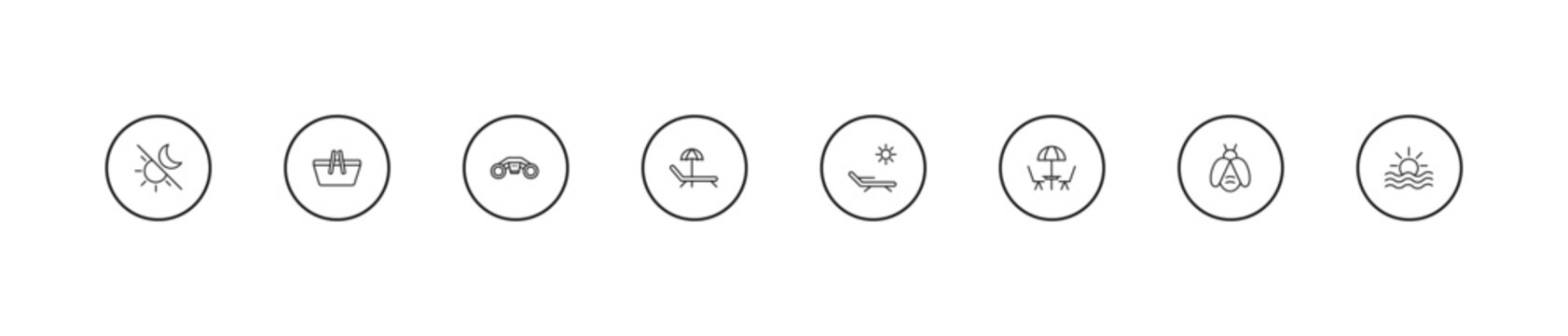 outline summer icons set - sea scooter, sunbed, deck chairs and sun. editable vector for web and mobile ui