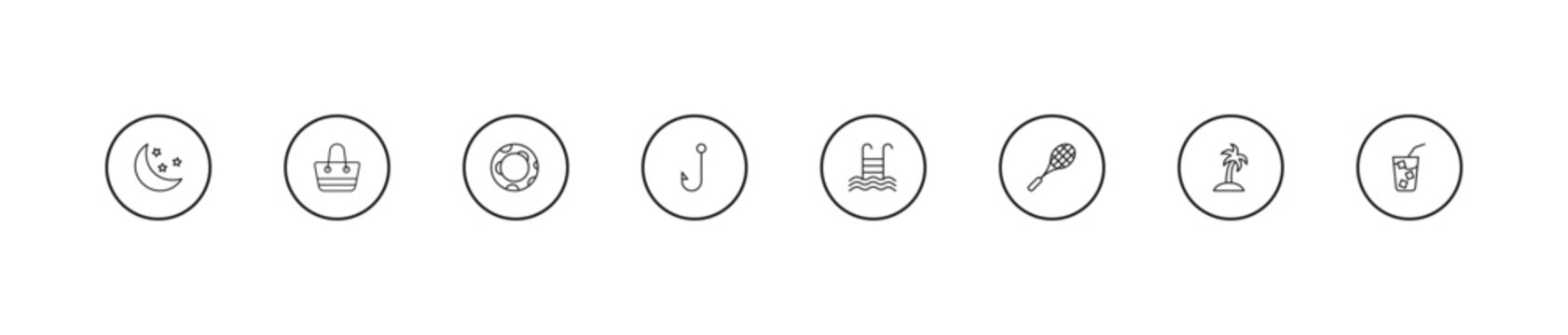 outline summer icons set - rubber ring, fish and hook, swimming pool ladder. editable vector for web and mobile ui