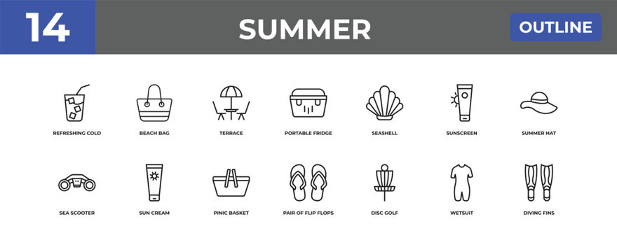 outline summer icons set - refreshing cold drink, beach bag, wetsuit. editable vector for web and mobile ui