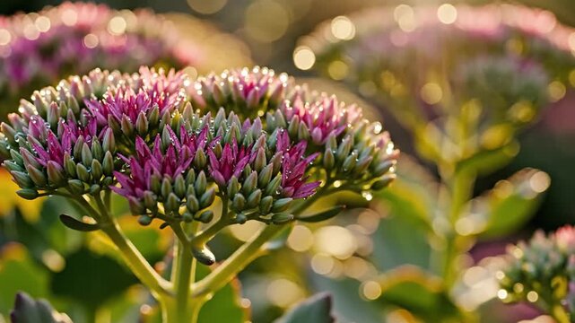 Blooming pink sedum flowers in golden sunset light, autumn garden stonecrop plant, close up of succulent blossoms with soft bokeh background