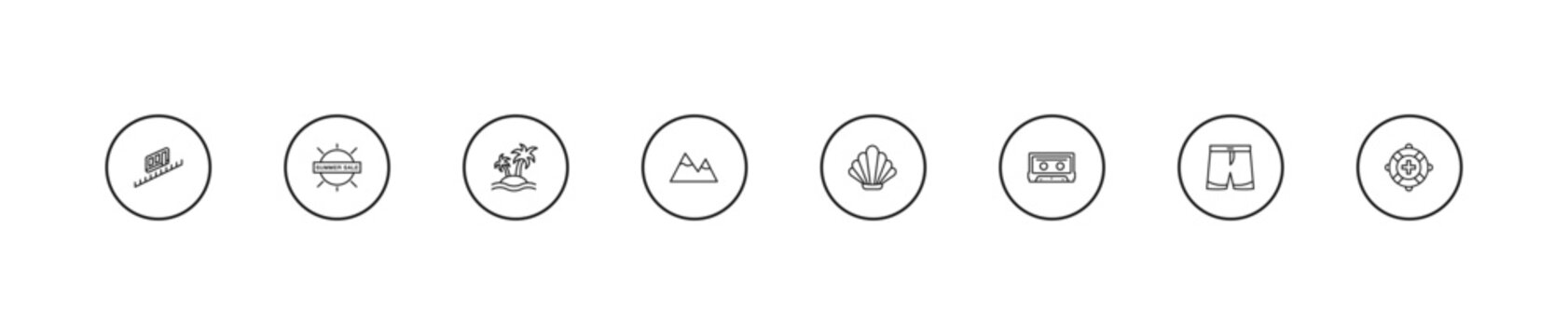 outline summer icons set - island, mountains, seashell. editable vector for web and mobile ui