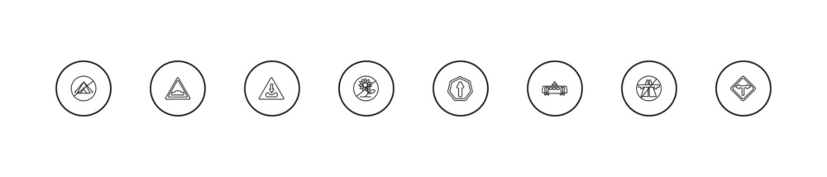 outline traffic signs icons set - pothole, no picking flowers, ahead only. editable vector for web and mobile ui