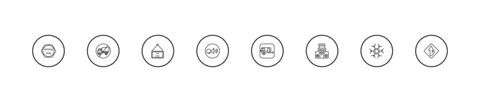 outline traffic signs icons set - end of way, horn, caravan. editable vector for web and mobile ui