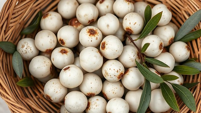 A woven basket filled with fresh oleaster fruits with silver leaves nearby.