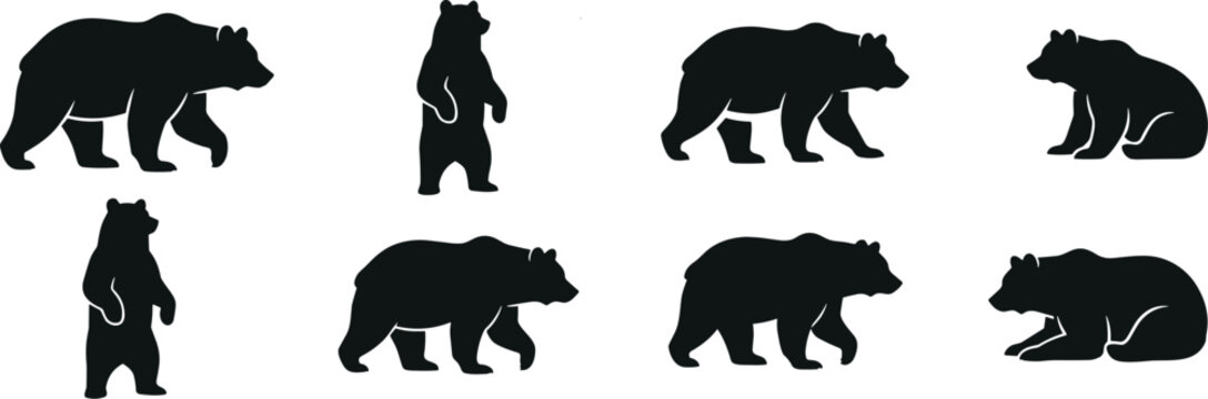 Black bear silhouettes set in different poses walking standing sitting and resting wildlife animal vector illustration collection